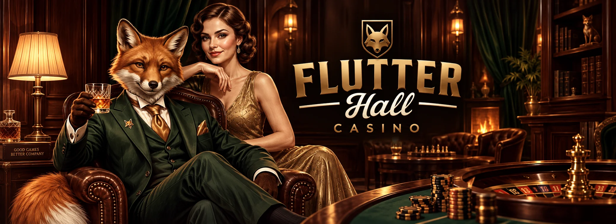 Flutterhall Casino welcome package banner with the fox mascot and the up to £7,500 offer